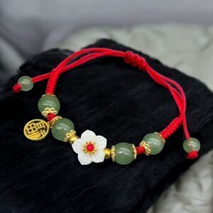 Chinese Red String Bracelet Lunar New Year Jade Lotus Flower Beaded Feng Shui
